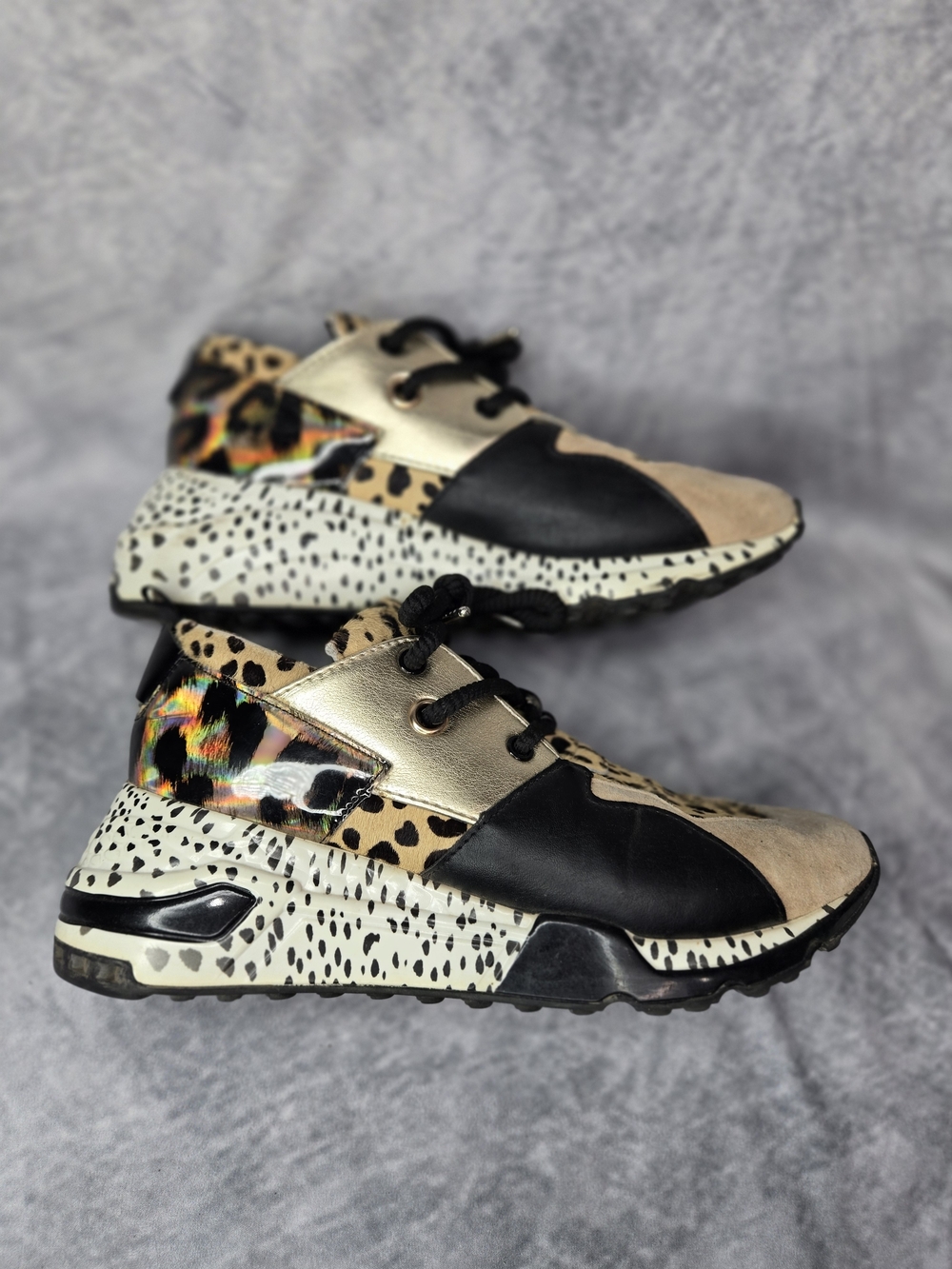 Steve Madden Leopard & Metallic Accent Sneakers - Black/Tan/Gold